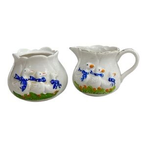 Vintage White Ceramic Duck Creamer and Sugar Bowl Set